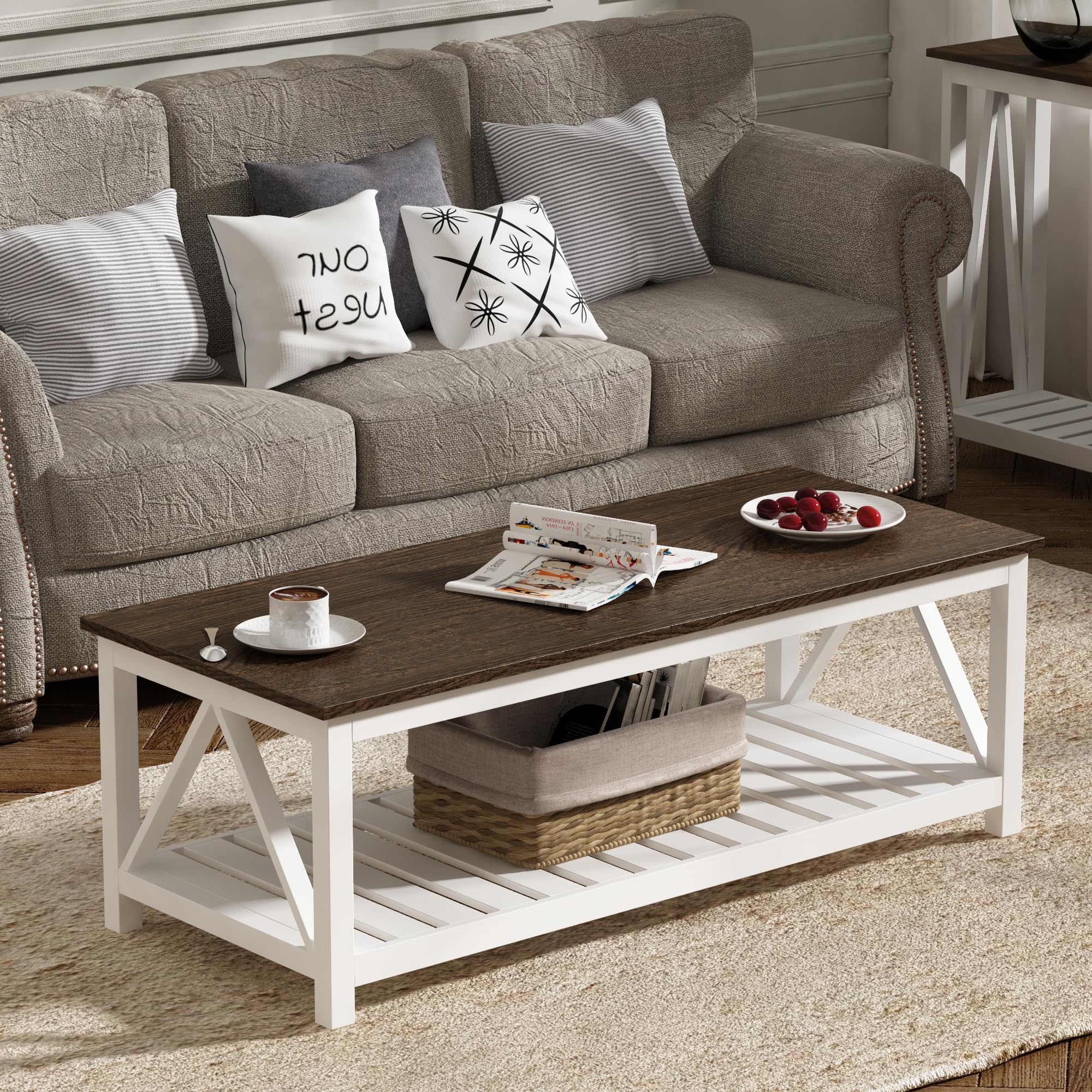 ChooChoo Farmhouse Coffee Table, Rustic Vintage Living Room Table with Shelf, 47 White