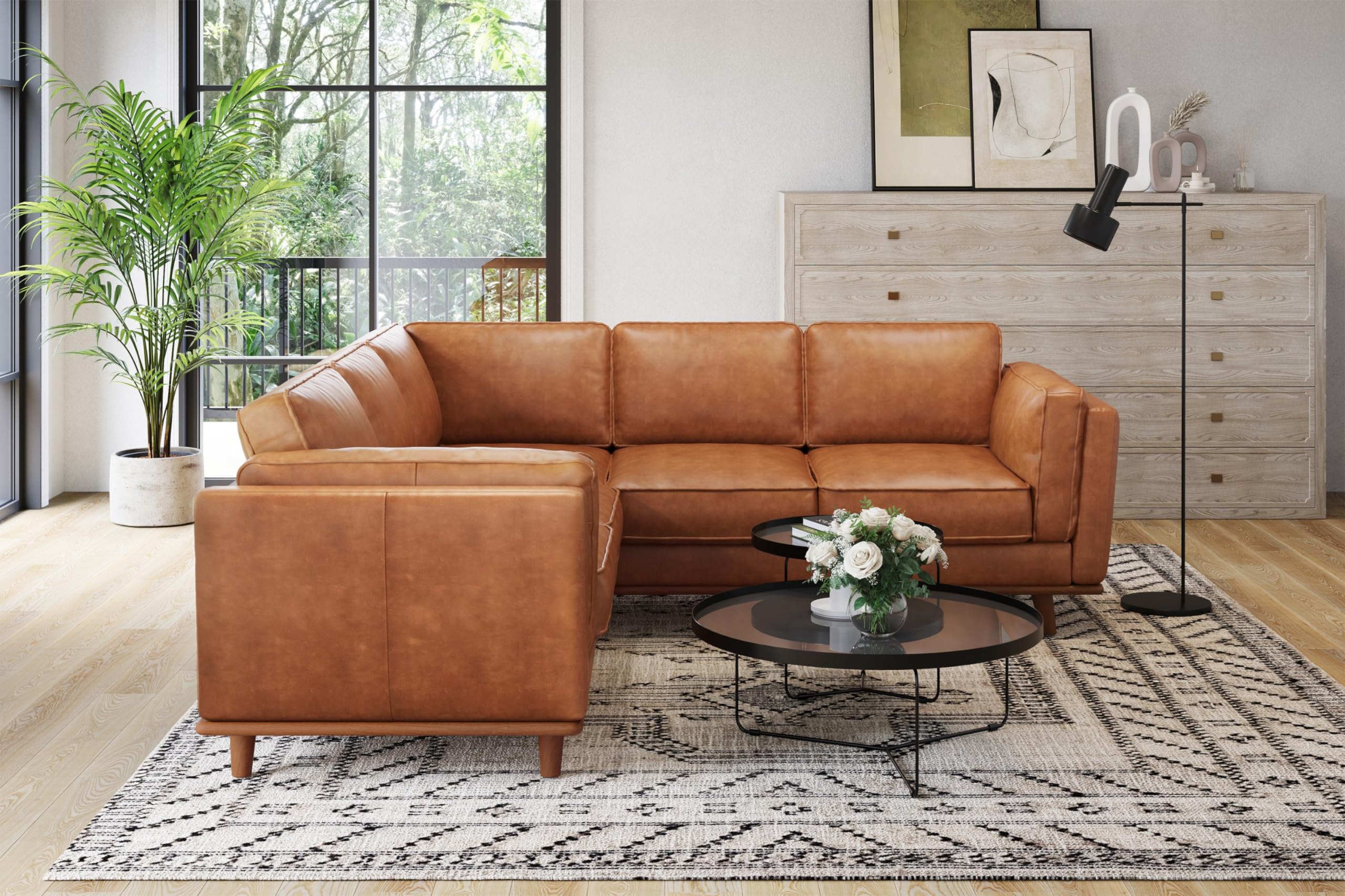 Valencia Artisan Full Leather Sofa - Pure Full Italian Nappa Leather Couch, Solid Wood Accent, Ultimate Comfort (Cognac, L-Shape Sectional)