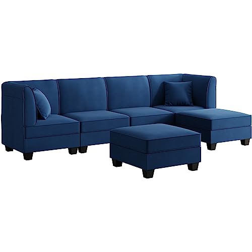 Shintenchi Reversible Modular Sectional Sofa Set, Convertible Oversized U Shaped Sofa Couch with Ottomans, Velvet Sleeper Couch with Chaise L Shaped Couches for Living Room Navy Blue