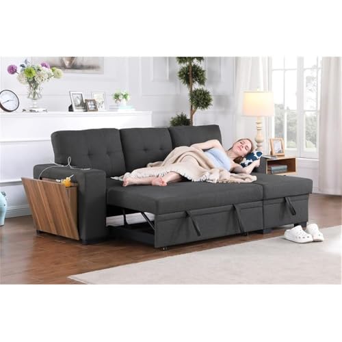 Pemberly Row Fabric Reversible Side Compartment Sectional Sofa Bed - Dark Gray