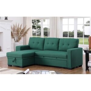 Pemberly Row Fabric Reversible Side Compartment Sleeper Sectional Sofa Bed-Green