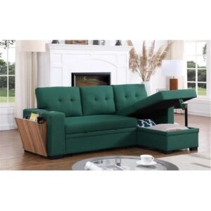 Pemberly Row Fabric Reversible Side Compartment Sleeper Sectional Sofa Bed-Green