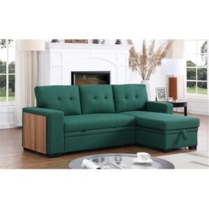 Pemberly Row Fabric Reversible Side Compartment Sleeper Sectional Sofa Bed-Green