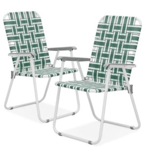 magshion folding patio webbed chairs, outdoor lightweight portable lawn beach chairs for adults 2-pack, dark green