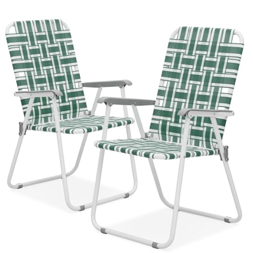 Magshion Folding Patio Webbed Chairs, Outdoor Lightweight Portable Lawn Beach Chairs for Adults 2-Pack, Dark Green