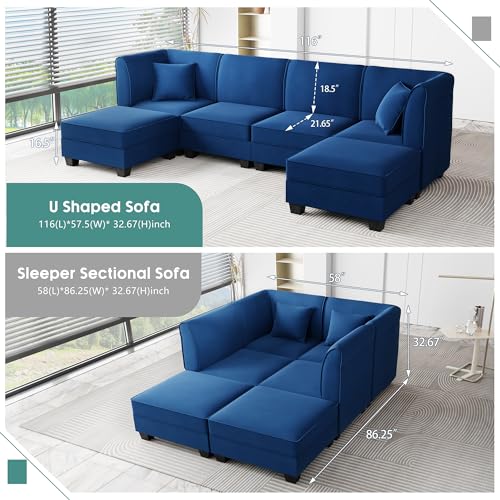 Shintenchi Reversible Modular Sectional Sofa Set, Convertible Oversized U Shaped Sofa Couch with Ottomans, Velvet Sleeper Couch with Chaise L Shaped Couches for Living Room Navy Blue