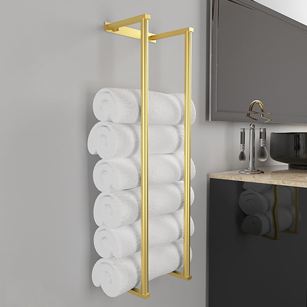 Stainless Steel Bathroom Wall Towel Rack for Rolled and Folded Towels - Mounted Metal Holder for Easy Washcloth Storage and Organizing (Gold)