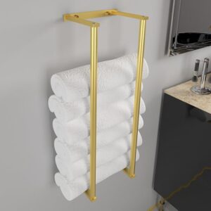 Stainless Steel Bathroom Wall Towel Rack for Rolled and Folded Towels - Mounted Metal Holder for Easy Washcloth Storage and Organizing (Gold)