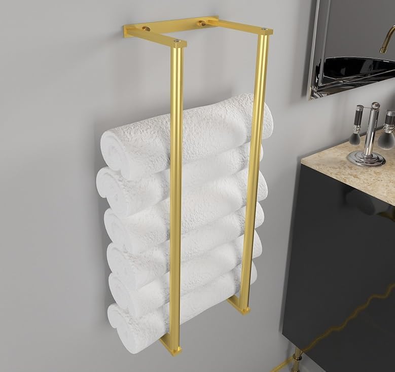 Stainless Steel Bathroom Wall Towel Rack for Rolled and Folded Towels - Mounted Metal Holder for Easy Washcloth Storage and Organizing (Gold)