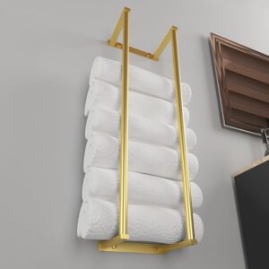 Stainless Steel Bathroom Wall Towel Rack for Rolled and Folded Towels - Mounted Metal Holder for Easy Washcloth Storage and Organizing (Gold)