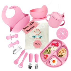 tinytots silicone baby feeding set 13 pcs with blw recipes. baby plates and bowls set, baby & toddler spoons set, sippy cup & lid, silicone bib, baby toothbrush (6+ months)