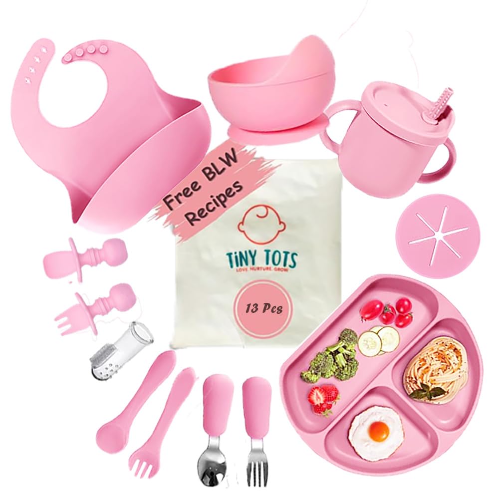 TinyTots Silicone Baby Feeding Set 13 pcs with BLW Recipes. Baby Plates and Bowls Set, Baby & Toddler Spoons Set, Sippy Cup & Lid, Silicone Bib, Baby Toothbrush (6+ Months)