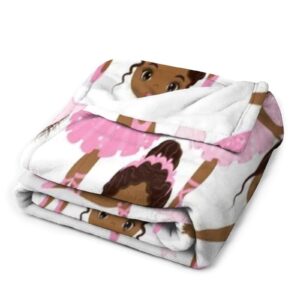 Kids Pink African American Ballerina Flannel Blankets, Cute Little African American Ballerinas Ballet Princess Dancer Throw Bed Blanket for Sofa Chair Bed Soft Blanket for Girls 30"x40"