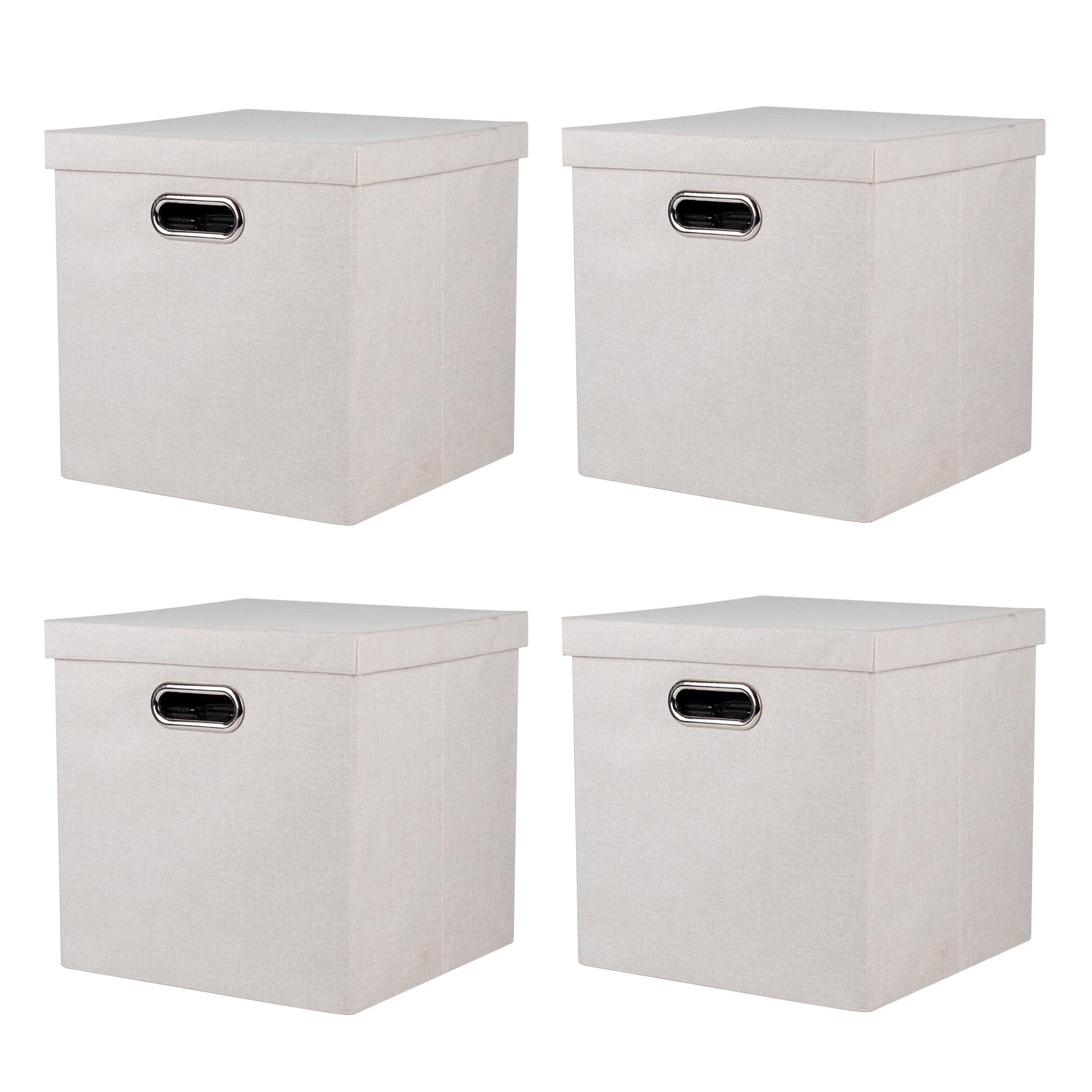 ArcaGuru Storage Bins with Lids, Collapsible Linen Fabric Boxes Organizer Containers with Lid Foldable Storage Box Basket for Closet, Shelves, Home, Office, 12 x 12 x 12 Inch, 4 Pack, Beige