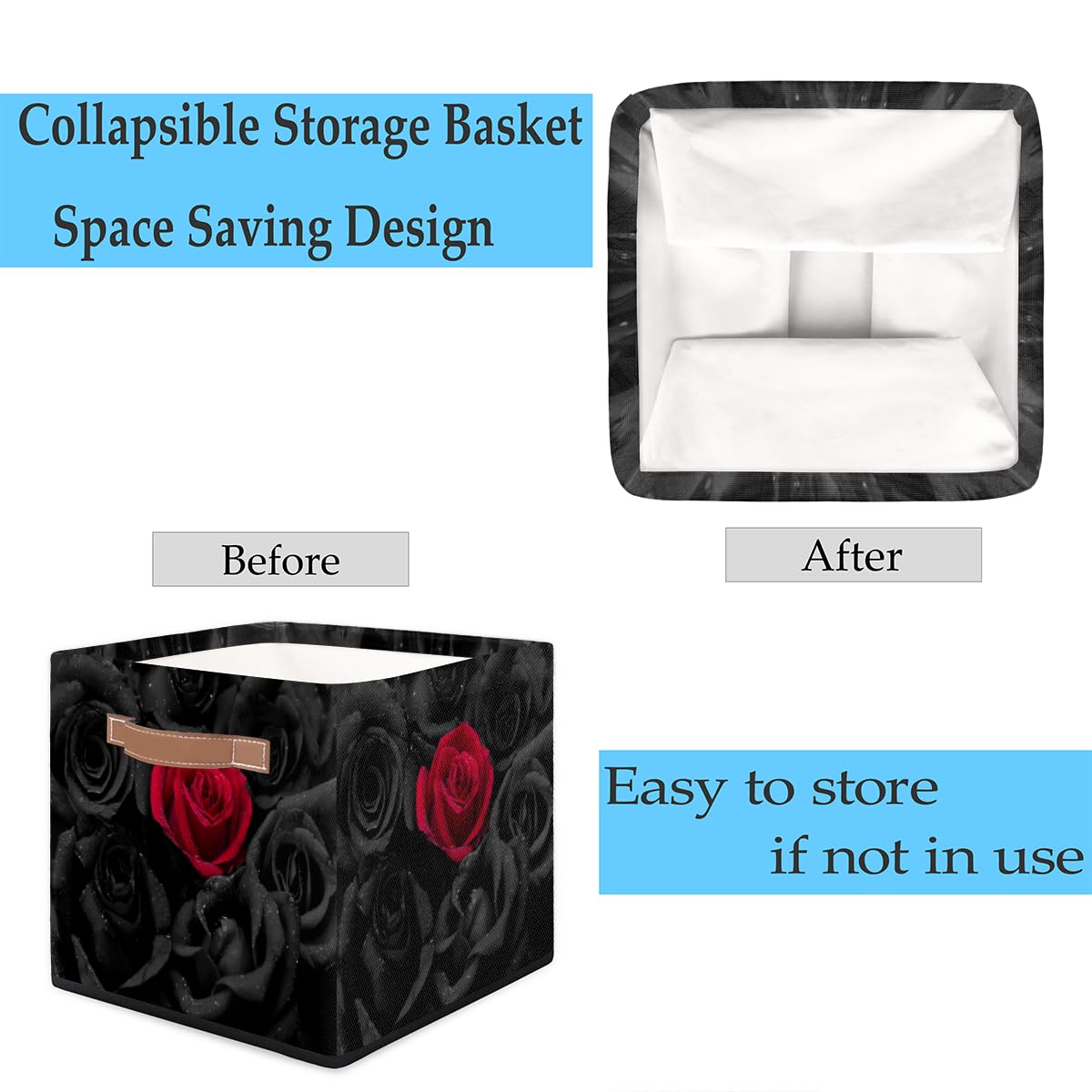 13x13x13 Storage Cube Bins Black Roses Red Rose Storage Cubes 13 inch Collapsible Storage Bins Cubby Storage Baskets for Organizing Shelf Cabinet Bookcase Boxes