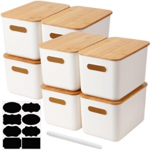 beeveer 8 pcs storage bins with lids plastic storage containers with bamboo lids medicine cabinet organizer with handle stackable organizing containers with marker 8 stickers, 10.12 x 7.09 x 6.69 inch