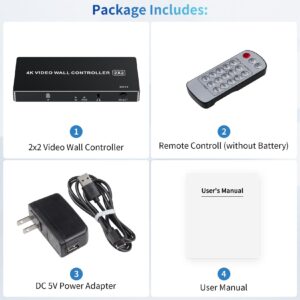 4K HDMI Video Wall Controller 2x2, LUKFOCAB Video Wall Processor with 8 Splicing Modes, 180° Rotate, 3.5mm Audio Extractor, IR Remote, 4 TV Screen into 1 Wall Display 2x2, 1x2, 1x3, 1x4, 2x1, 3x1, 4x1