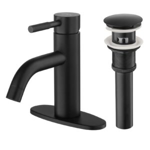 etel matt black bathroom sink faucet, single handle bathroom vanity faucet with pop-up drain and deck mount plate. (matt black)