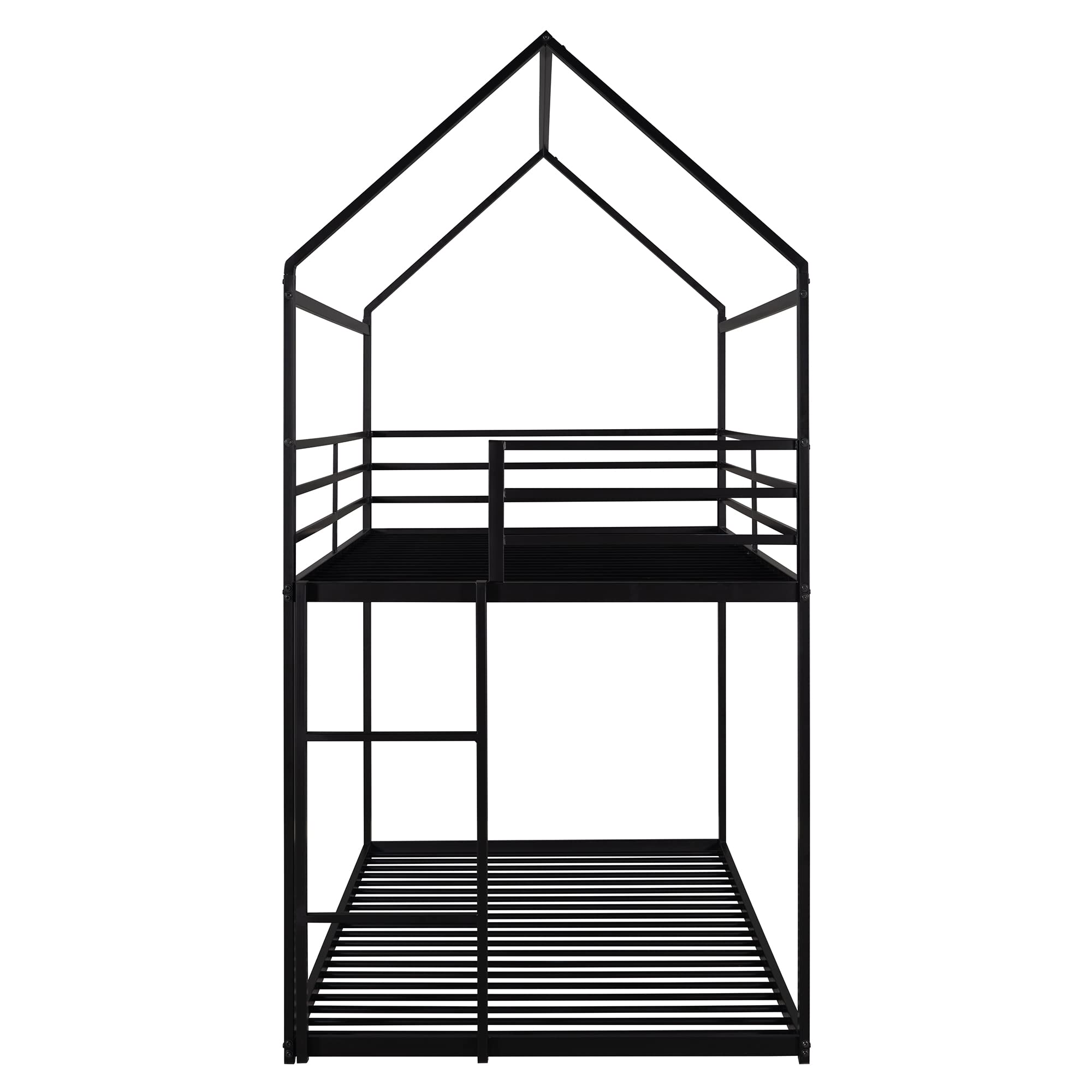 LostCat Twin Over Twin Metal Bunk Bed, House Low Bunk Bed Frame w/Safety Guardrail & Ladder, No Box Spring Needed, SEasy to Install, for Kids, Teens, Girls, Boys, Black