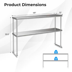 Giantex 48 Inch Stainless Steel Overshelf with Adjustable Lower Shelf, 2 Tier Commercial Double Overshelf for Kitchen Prep Table Restaurant