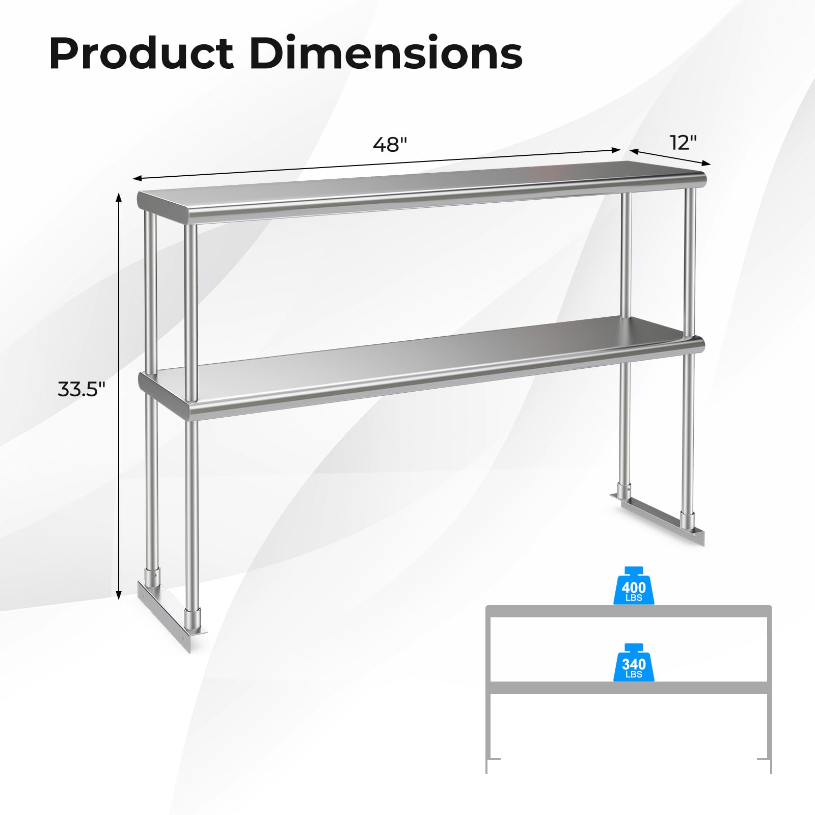 Giantex 48 Inch Stainless Steel Overshelf with Adjustable Lower Shelf, 2 Tier Commercial Double Overshelf for Kitchen Prep Table Restaurant