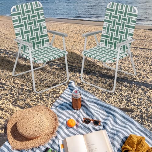 Magshion Folding Patio Webbed Chairs, Outdoor Lightweight Portable Lawn Beach Chairs for Adults 2-Pack, Dark Green