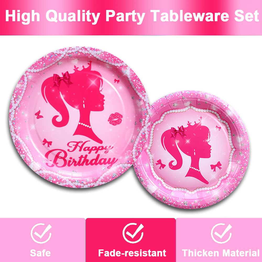 161CT Pink Girl Babe Happy Birthday Party Supplies Babe Head Paper Plates Cups Straw Napkins Spoon Fork knives Tablecloth Hot Pink Girl Party Decorations Tableware for 20 Guests for Bday Baby Shower