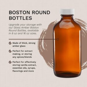 Native Vanilla Glass Amber Boston Round Bottles - 16 oz - White Ribbed Cap - (Pack of 12)