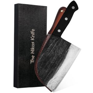 the nikos knife serbian chef knife - 6.7” hand-forged high carbon steel full tang cleaver knife with wood handle - razor sharp cooking knife for kitchen, outdoor, camping, leather sheath included