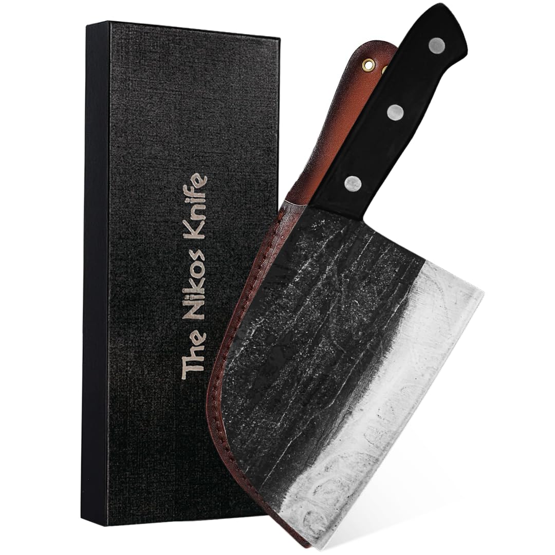 The Nikos Knife Serbian Chef Knife - 6.7” Hand-Forged High Carbon Steel Full Tang Cleaver Knife with Wood Handle - Razor Sharp Cooking Knife for Kitchen, Outdoor, Camping, Leather Sheath Included