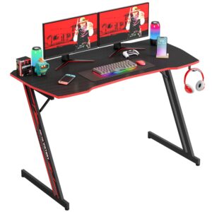 paylesshere 47 inch modern z-shaped gaming desk computer desk for home office with headphone hook - sturdy workstation table with spacious desktop,red