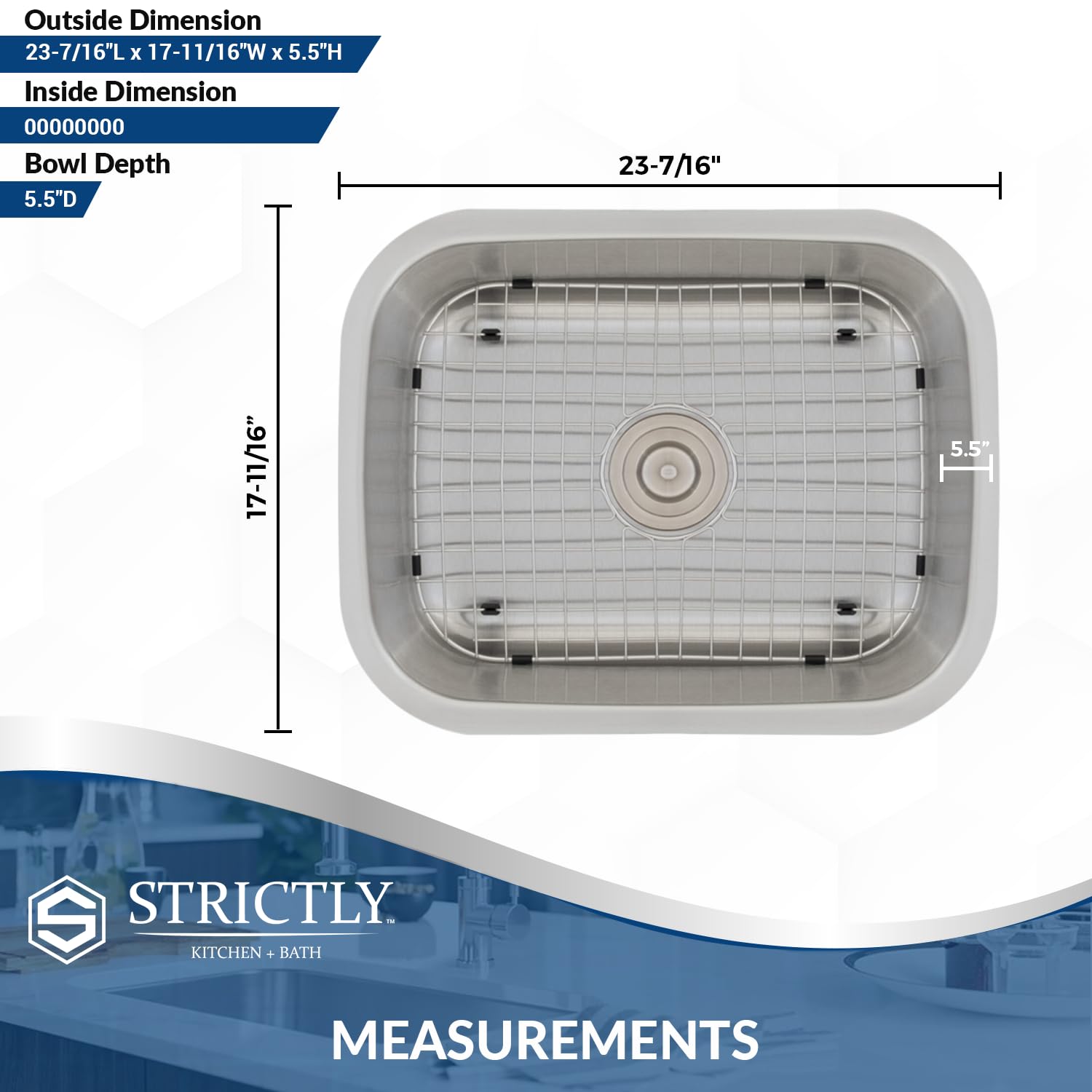 Strictly Sinks 23-7/16 Inch ADA Compliant Undermount Kitchen Sink - Single Bowl Kitchen Sink with Accessories, 18 Gauge Stainless Steel Sink with Strainer Drain, Roll Up Dish Drying Rack & Bottom Grid