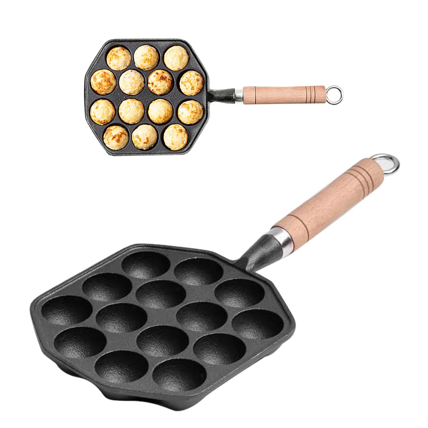 Takoyaki Grill Pan 14 Holes Nonstick Cast Iron Octopus Meat Balls Molds Maker with Detachable Handle, Pancake Balls Desserts Skillet for Induction Cooker, Gas Stove