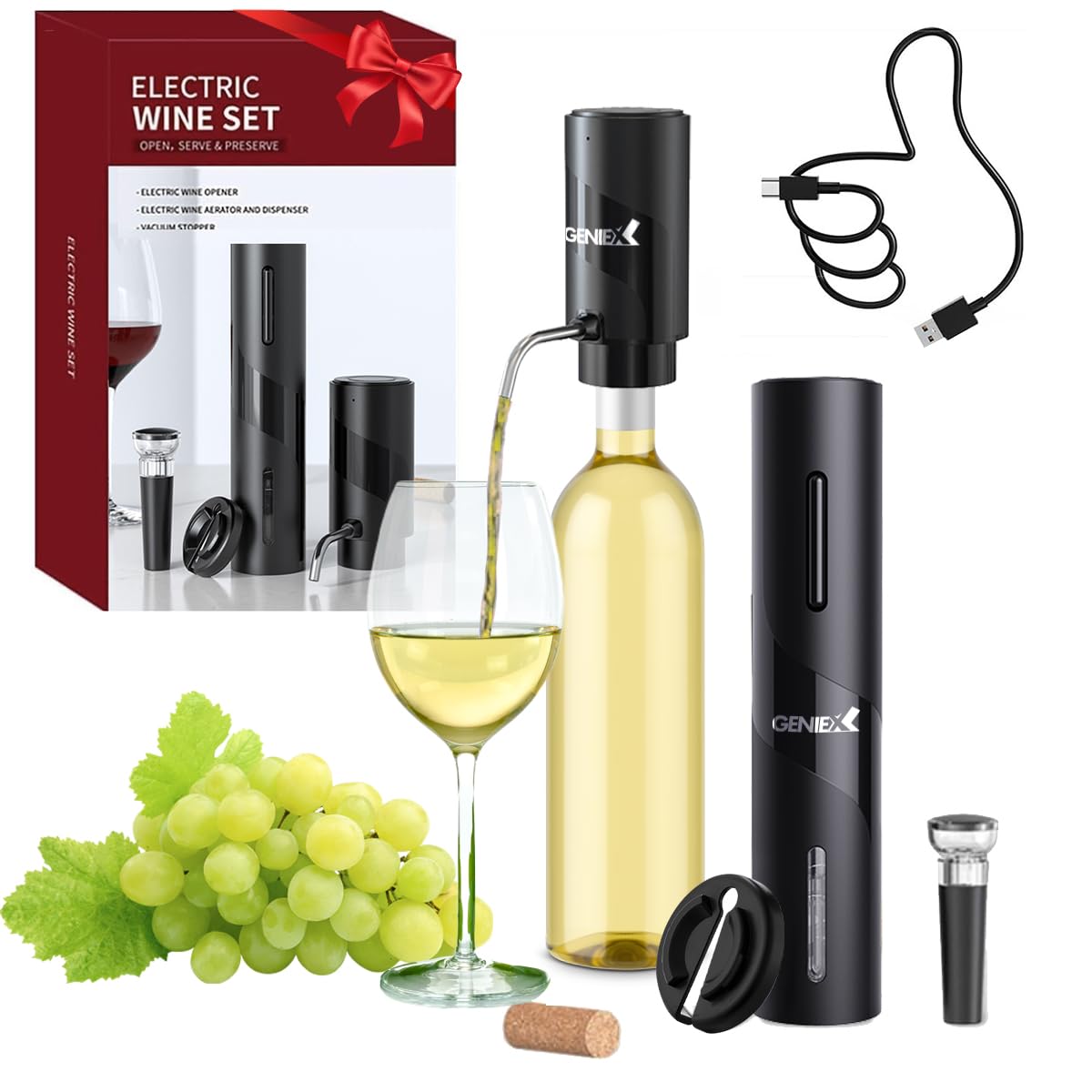 Electric Wine Set 4 | Automatic Wine Opener Dispenser Gift Set - Electric Corkscrew Opener & Auto Wine Dispenser | Perfect HouseWarming Gifts & Cool Wine Gifts (Black)