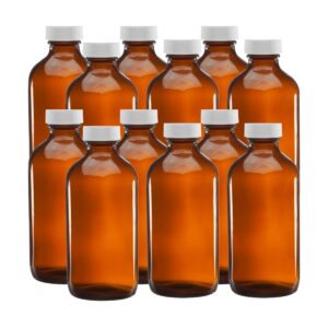 native vanilla glass amber boston round bottles - 16 oz - white ribbed cap - (pack of 12)