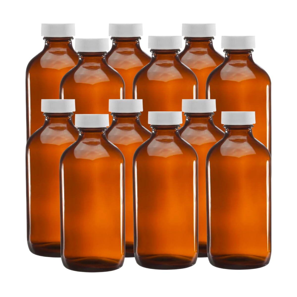 Native Vanilla Glass Amber Boston Round Bottles - 16 oz - White Ribbed Cap - (Pack of 12)