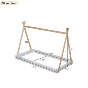 BestLM Twin Size Wood Tent Floor Bed with Triangle Structure, Montessori Floor Bed for Kids Teens Boys Girls, White+Natural