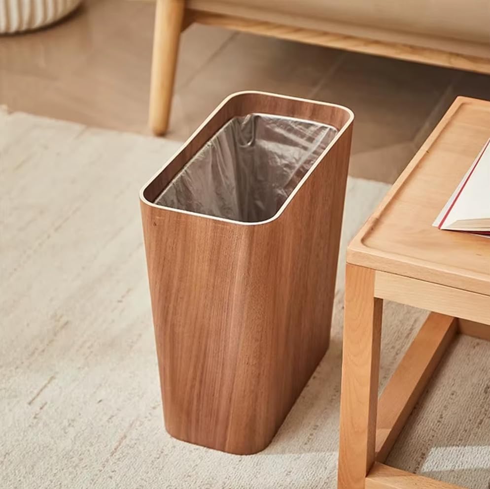 Purelite Modern Wood Trash Can for Bathroom, Bedroom, Dorm and Laundry Room | Small Office Waste Basket for Desk | Narrow and Slim Garbage Bin for Tight Space (Dark Wood)