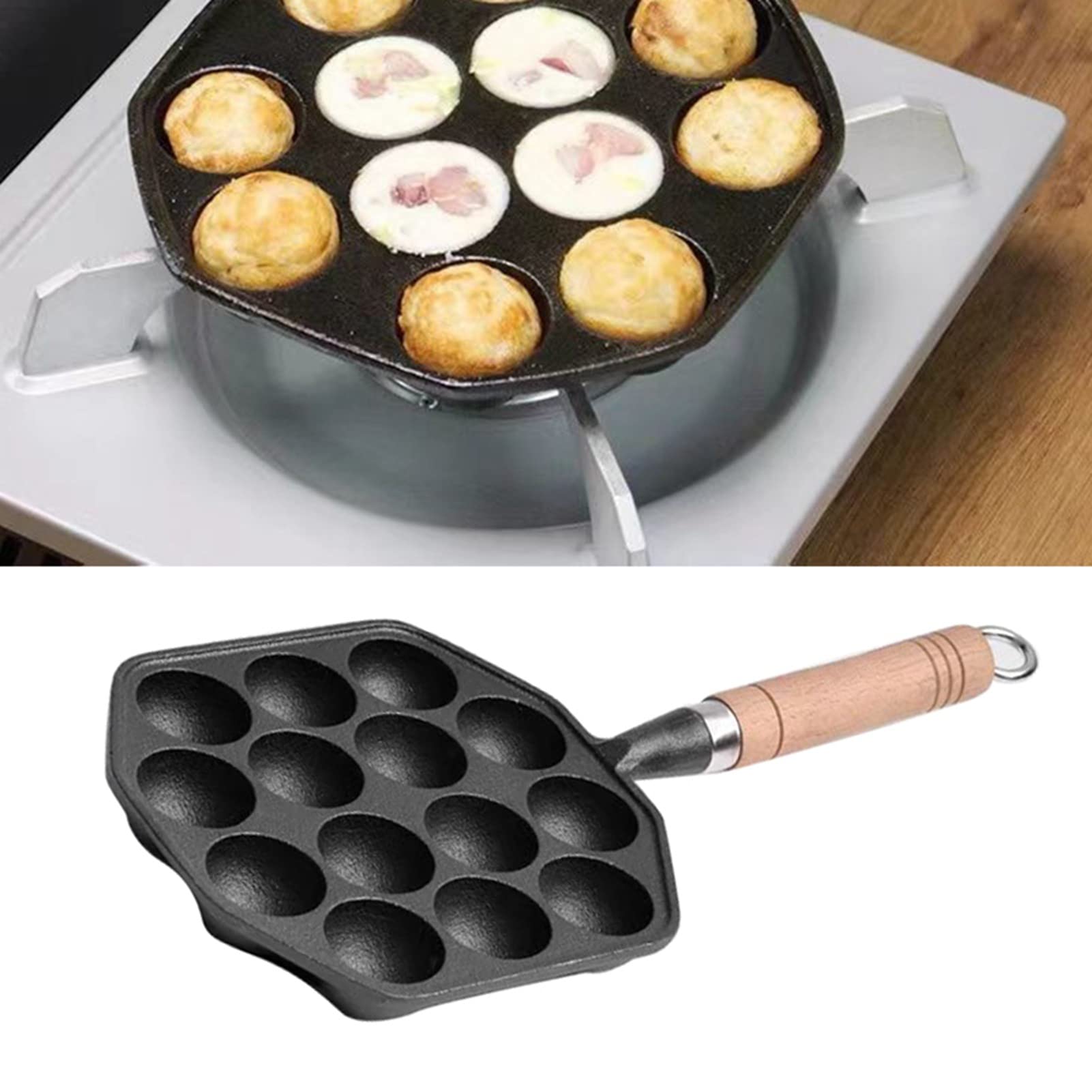 Takoyaki Grill Pan 14 Holes Nonstick Cast Iron Octopus Meat Balls Molds Maker with Detachable Handle, Pancake Balls Desserts Skillet for Induction Cooker, Gas Stove