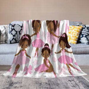 Kids Pink African American Ballerina Flannel Blankets, Cute Little African American Ballerinas Ballet Princess Dancer Throw Bed Blanket for Sofa Chair Bed Soft Blanket for Girls 30"x40"