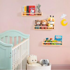 Nexzon Set of 3 Nursery Book Shelves with Booklet and Pen | 16.6" Kids Wall Bookshelves | Baby Nursery Shelves for Bedroom, Bathroom, Kitchen and Toy Storage (Pine Wood)