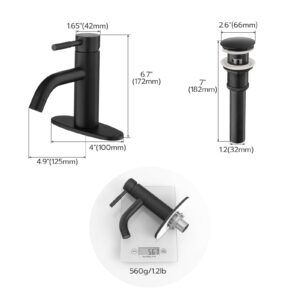 Etel Matt Black Bathroom Sink Faucet, Single Handle Bathroom Vanity Faucet with Pop-up Drain and Deck Mount Plate. (Matt Black)