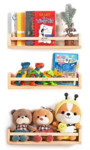 nexzon set of 3 nursery book shelves with booklet and pen | 16.6" kids wall bookshelves | baby nursery shelves for bedroom, bathroom, kitchen and toy storage (pine wood)