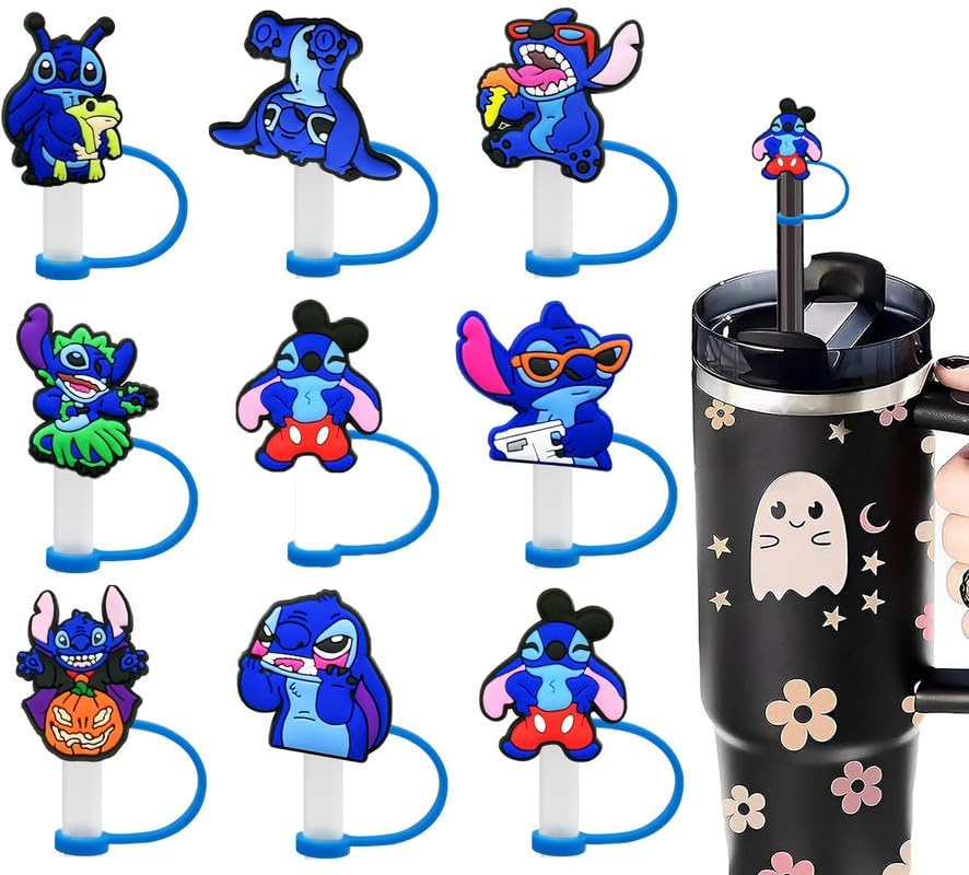 Cartoon Stitch Straw Covers Cap Toppers Compatible with Stanley 30&40 oz Tumbler Cups,Reusable Cute Silicone Straw Tips Lids Protectors for 0.4 in/10mm Stanley Cups Accessories 1794-01-08