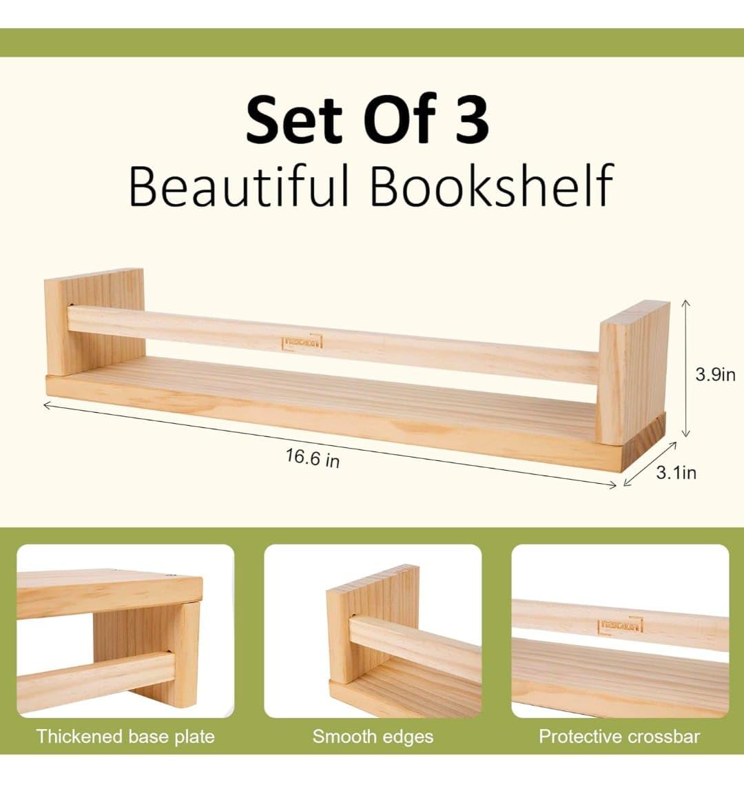 Nexzon Set of 3 Nursery Book Shelves with Booklet and Pen | 16.6" Kids Wall Bookshelves | Baby Nursery Shelves for Bedroom, Bathroom, Kitchen and Toy Storage (Pine Wood)