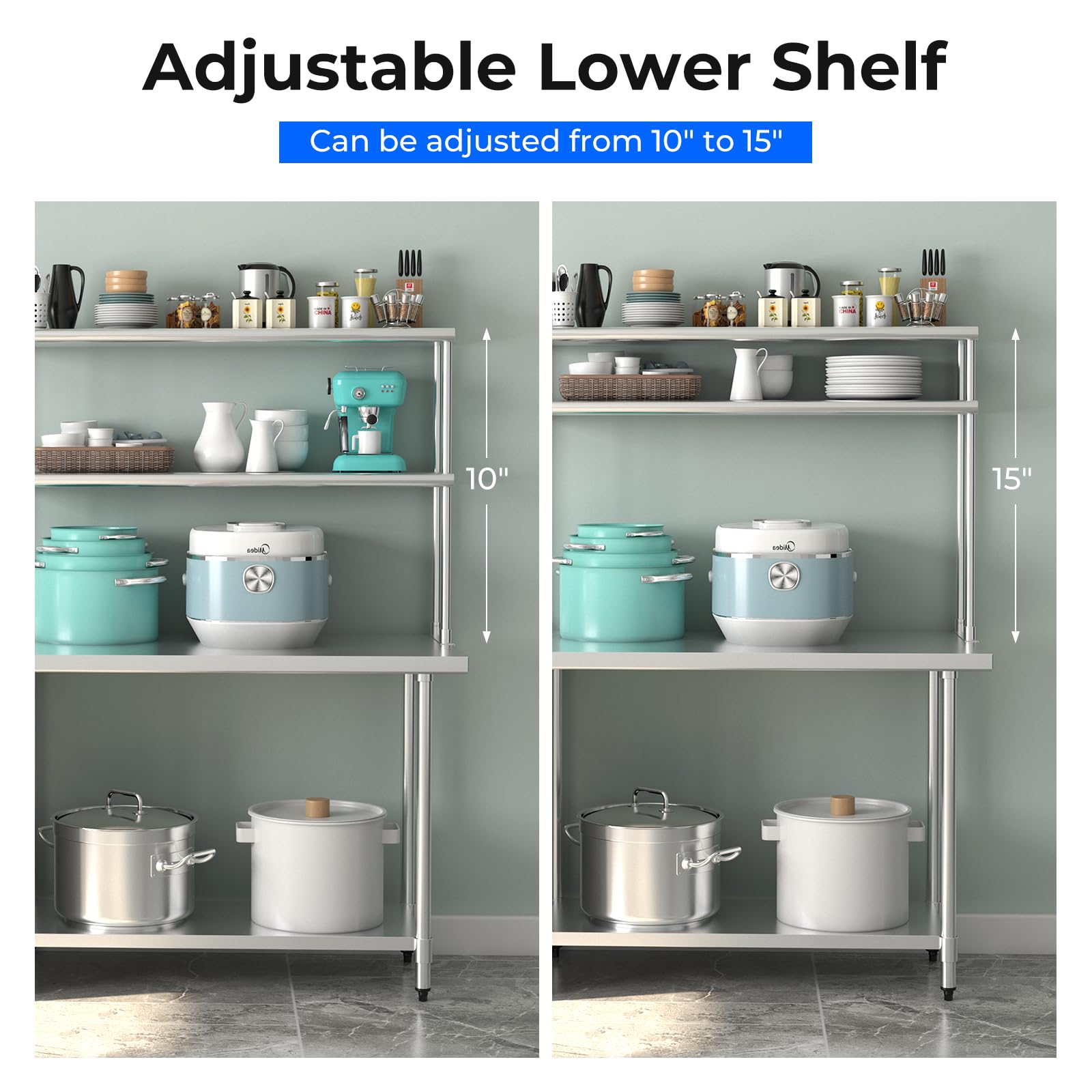 Giantex 48 Inch Stainless Steel Overshelf with Adjustable Lower Shelf, 2 Tier Commercial Double Overshelf for Kitchen Prep Table Restaurant