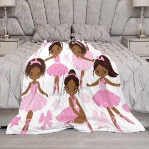 Kids Pink African American Ballerina Flannel Blankets, Cute Little African American Ballerinas Ballet Princess Dancer Throw Bed Blanket for Sofa Chair Bed Soft Blanket for Girls 30"x40"