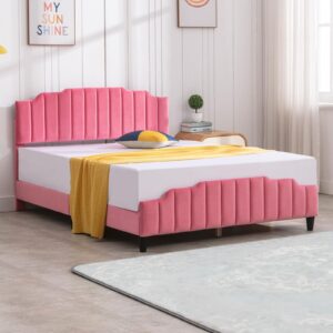 PUREMIND Twin Size Kids Bed Frame with Headboard, Children Bedroom Bed Frame, Upholstered Bed Platform with Slat Support, No Box Spring Needed, Pink Bed Frame for Girls-Princess Twin