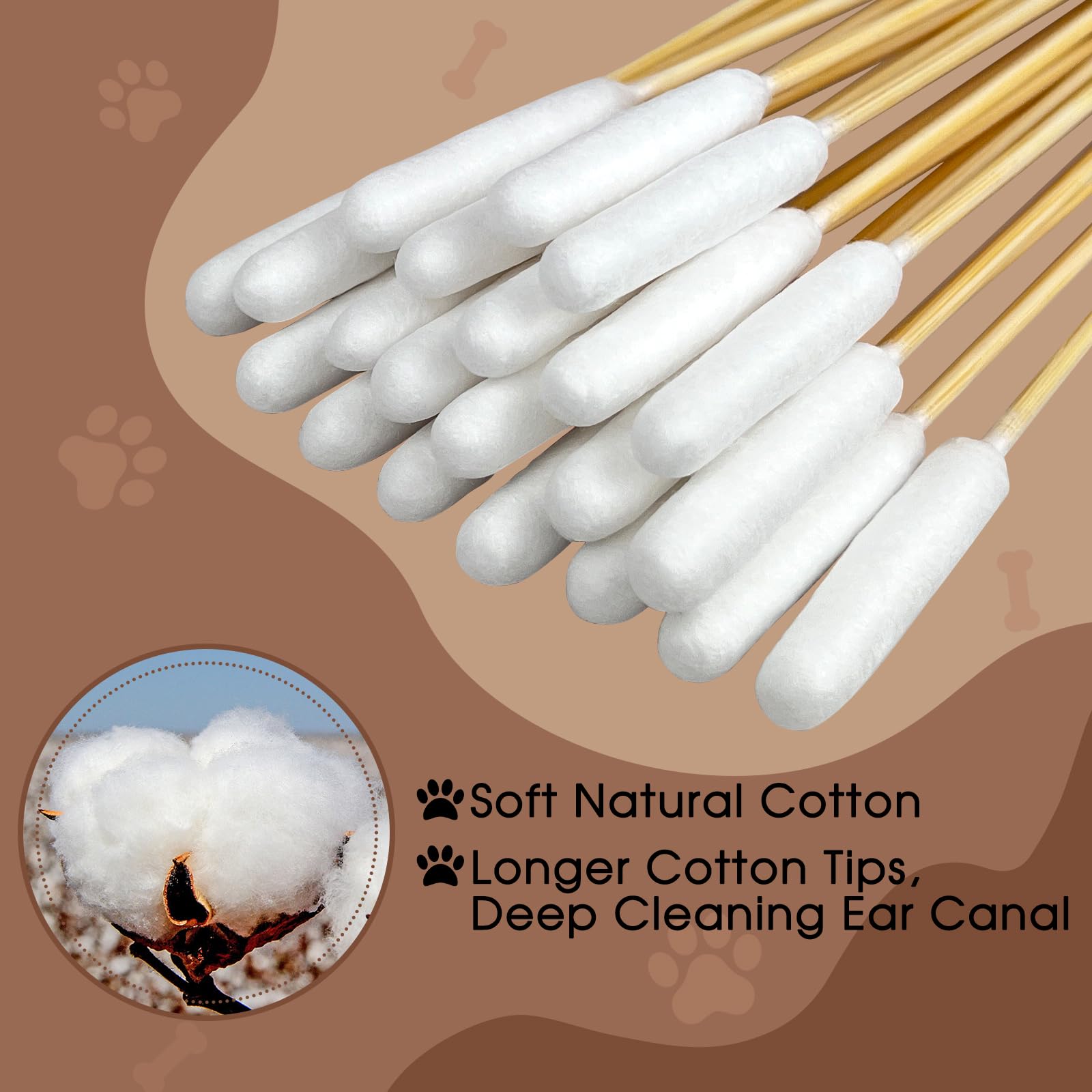 eyxformula 6 Inch Long Cotton Swabs for Pet Cleaning, Bamboo Handle, Pet Ear Cleaning Solution Supplies for Dogs and Cats (200 pcs Long Head Cotton swabs)