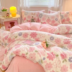 KASBLUEL Bedding Sets, Pink Rabbit Duvet Cover Aesthetic Comforter Covers Ultra Fluffy Blanket Soft Cute Kawaii Bed Set for Toddler Teen Kids Girls Women (Pink Flowers, Twin)